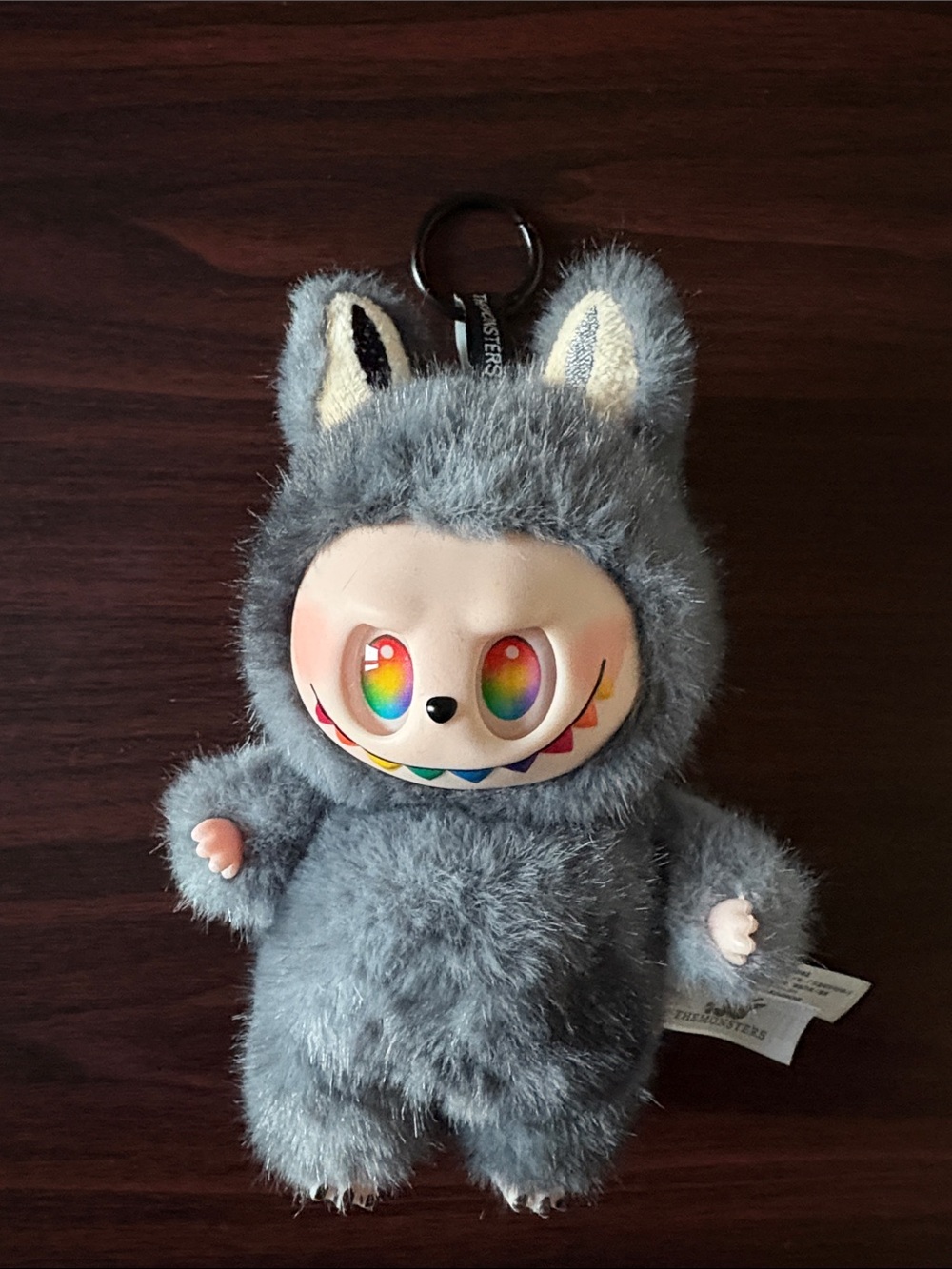Labubu Plush Grey Monster Keychain Toy with Rainbow Eyes